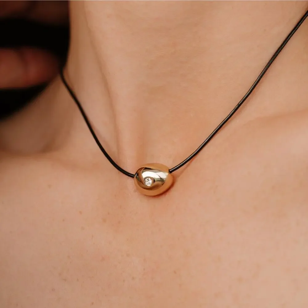 NIB Ettika Pavé Polished Pebble Leather Cord Pendant Necklace 18K Gold Plated